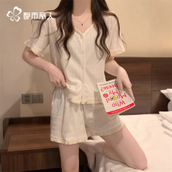 都市丽人 夏季新品睡衣女精梳棉质短袖短裤简约V领开衫凉感睡裤家居服外穿