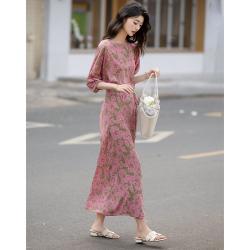德玛纳 一片式收腰绑带欧若风一字肩茶歇裙飘逸女式连衣裙