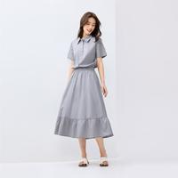佐丹奴 连衣裙夏季翻领收腰衬衫裙女荷叶边下摆梭织短袖连衣裙女士