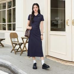 三福 简约休闲翻领POLO短袖连衣裙女夏季褶皱收腰显瘦通勤舒适裙子