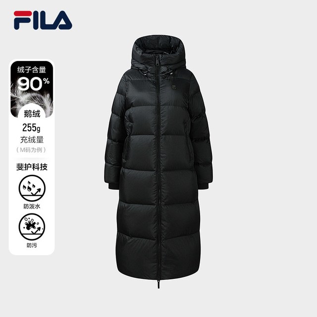 FILA 热力服80鹅绒斐乐女收腰长款羽绒服2026冬季休闲保暖连帽外套
