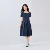 佐丹奴 女款 夏季纯棉减龄方领百褶针织短袖连衣裙