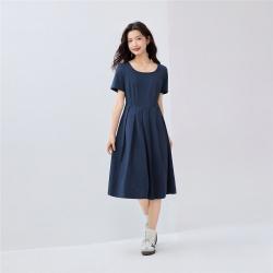 佐丹奴 女款 夏季纯棉减龄方领百褶针织短袖连衣裙