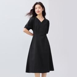 佐丹奴 连衣裙夏季纯棉府绸V领打褶收腰中长款连袖梭织连衣裙女士