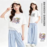 迪士尼 休闲百搭儿童夏装T恤新款女童短袖宽松纯棉中大童