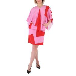 BURBERRY Ladies Primrose Pink Geometric Print Silk Crepe De Chine Cape Sleeve Dress