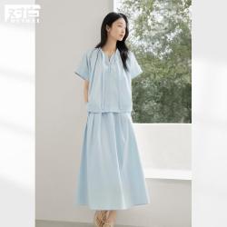 DUIBAI 女式文艺套装 夏装法式宽松系带衬衫A字裙