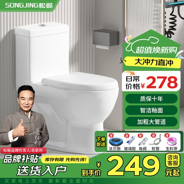 松鲸 卫浴家用马桶坐便器大冲力超漩虹吸式静音连体座便器小户型马桶 直冲型+轻音盖板