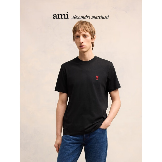 AMI PARIS AMIPARIS男女同款经典红爱心棉质纯色短袖T恤