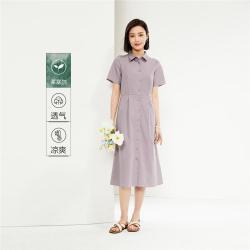 佐丹奴 女款连衣裙夏季莱赛尔收腰梭织短袖休闲通勤衬衫连衣裙