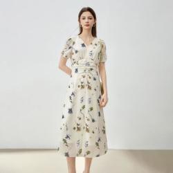 DUIBAI 女士夏季法式优雅轻熟风V领碎花连衣裙泡泡袖收腰修身A字裙