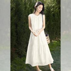 DUIBAI 女式连衣裙 夏装法式重工镂空绣花圆领无袖背心裙