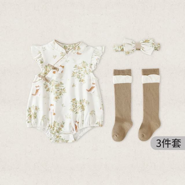 汉宫优品 女宝宝连体衣夏季公主风汉服新生儿三件装背心包屁衣夏天婴儿衣服 蕊间轻跃猫儿戏  80cm
