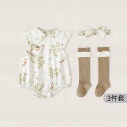 汉宫优品 女宝宝连体衣夏季公主风汉服新生儿三件装背心包屁衣夏天婴儿衣服 蕊间轻跃猫儿戏  80cm