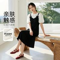 马克华菲 女装夏季泡泡袖衬衫吊带小黑裙套装莱赛尔天丝修身显瘦衬衣两件套