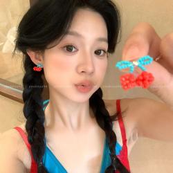 半日逅屿 樱桃甜心夏日多巴胺串珠樱桃耳钉 女甜美气质耳环