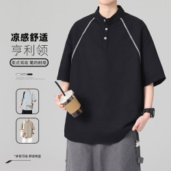 月伊纺 短袖t恤男士立领半袖宽松大码体恤衫美式速干透气亨利领五分袖潮T