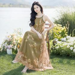 丝柏舍 女士时尚网纱绣花长款连衣裙