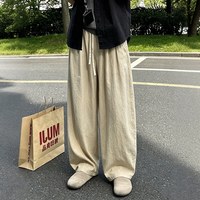 月伊纺 夏季新款棉麻休闲裤男宽松直筒高街长裤青年大码百搭弯刀裤亚麻裤