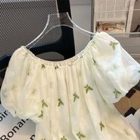 无品牌 小清新夏装泡泡袖印花新款碎花女夏上衣一字肩雪纺衫