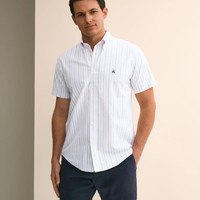 Brooks Brothers Stretch Cotton Non-Iron Oxford Polo Button Down, Double-Stripe Short Sleeve Sport Shirt