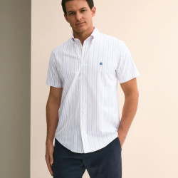 Brooks Brothers Stretch Cotton Non-Iron Oxford Polo Button Down, Double-Stripe Short Sleeve Sport Shirt