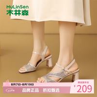 木林森 女鞋水钻高跟凉鞋 夏季一字带凉鞋女士休闲优雅百搭粗跟凉鞋子