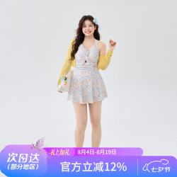 Agliondy 大码泳衣女士海滩度假收腰显瘦连体平角保守泳衣泳装春日花间;2XL