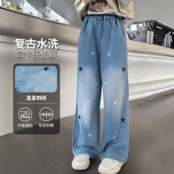 贝贝怡 春季女童牛仔长裤防蚊直筒裤刺绣女孩休闲裤
