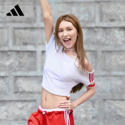 adidas 2026秋季新款甜美蕾丝露肩修身三条纹舞动系列短袖T恤上衣女