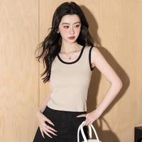 真维斯 撞色拼接U领T恤女夏季时尚简约小清新短款T恤衫无袖打底背心女
