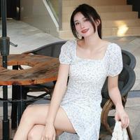 森马 法式方领碎花裙 夏季浪漫森系泡泡袖雪纺连衣裙少女感开叉长裙