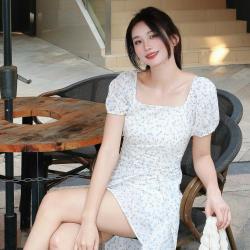 森马 法式方领碎花裙 夏季浪漫森系泡泡袖雪纺连衣裙少女感开叉长裙