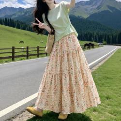 雅羊人 清新碎花半身裙新款2026夏季松紧温柔显瘦气质印花中长款伞裙