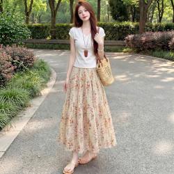 依维妮 粉白法式复古碎花半身裙女2026夏季气质甜美显瘦印花压褶裙A