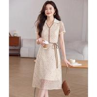 Sanpowa 休闲时尚夏季舒适女装系带收腰连衣裙收腰显瘦A字裙高级感裙子