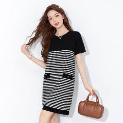真维斯 女士简约气质华夫饼格纹拼色圆领短袖针织连衣裙