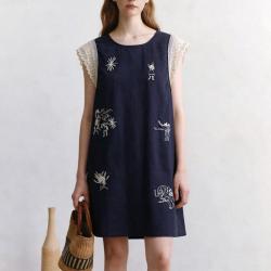 百家好 亚麻拼接无袖中长夏季连衣裙女复古舒适透气微阔通勤休闲简约裙装
