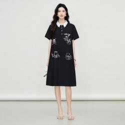 百家好 天丝撞色中长夏季连衣裙女百搭高级感微阔通勤休闲复古简约裙装