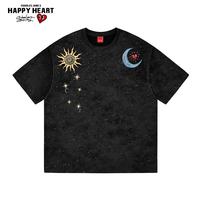 CHARLES JANG'S HAPPY HEART 日月爱心印花短袖T恤复古做旧日常休闲上衣 黑色 2XL