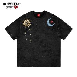 CHARLES JANG'S HAPPY HEART 日月爱心印花短袖T恤复古做旧日常休闲上衣 黑色    2XL