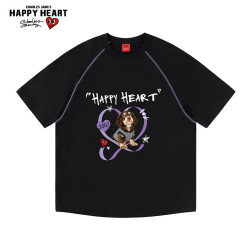 CHARLES JANG'S HAPPY HEART 简约撞色插肩小狗印花情侣短袖T恤夏休闲男女同款 黑色    M