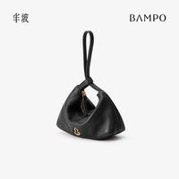 半坡饰族 头层牛皮小福袋手挽包 墨碳黑 女士手机包