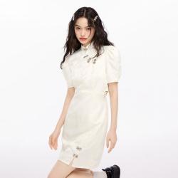 衣品天成 新中式连衣裙改良旗袍女夏季高级感小开叉金属扣绑带设计连衣裙