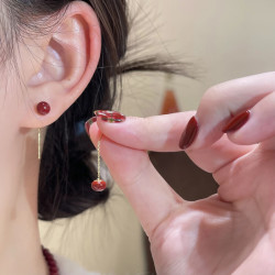 洛梵欣饰 新年红色珍珠耳线气质简约感S925银针耳环小众轻奢百搭耳饰女 安可拉红色珠珠耳线