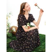 限尺码：La·go·go 春夏法师浪漫风碎花连衣裙气质优雅休闲V领雪纺A字