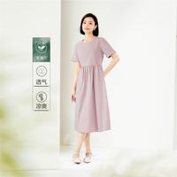 佐丹奴 连衣裙夏季莱赛尔翻边袖文艺甜美圆领梭织衬衫连衣裙女款