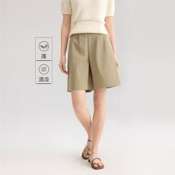 佐丹奴 夏季简约纯棉打褶阔腿裤子女半松紧腰梭织日常通勤休闲短裤女款