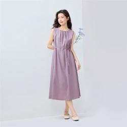 佐丹奴 连衣裙夏季天然棉麻绑带收褶圆领气质休闲背心连衣裙女士