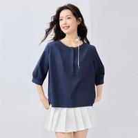 佐丹奴 纯棉府绸女式衬衫夏季圆领半开襟衬衫女中袖纯色宽松休闲衬衫女士